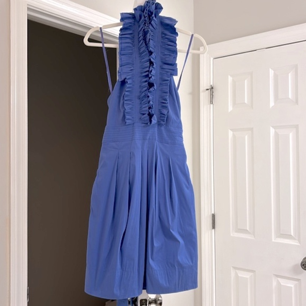 BCBG MaxAzria Blue Ruffle Halter Pleated Dress